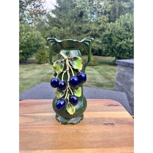 Vintage Josef Strnact Art Nouveau Majolica Vase With Grapes On Branches 11” Tall - Picture 1 of 12